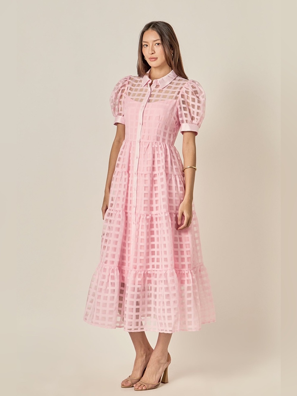 GRIDDED ORGANZA TIERED MAXI DRESS SIZE S